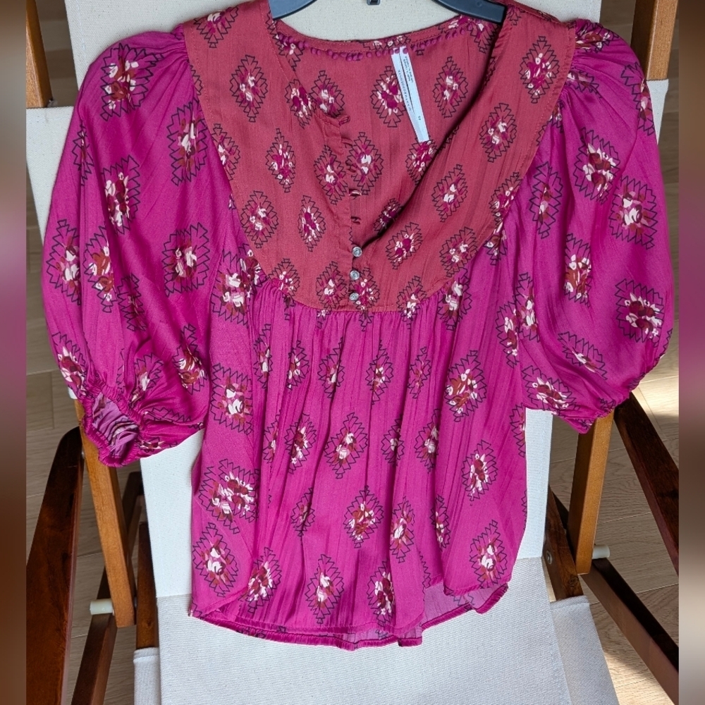 Anthropologie Womens Top Size XS Pink Diamond Print Flowy Balloon Boho Blouse - Picture 2 of 7